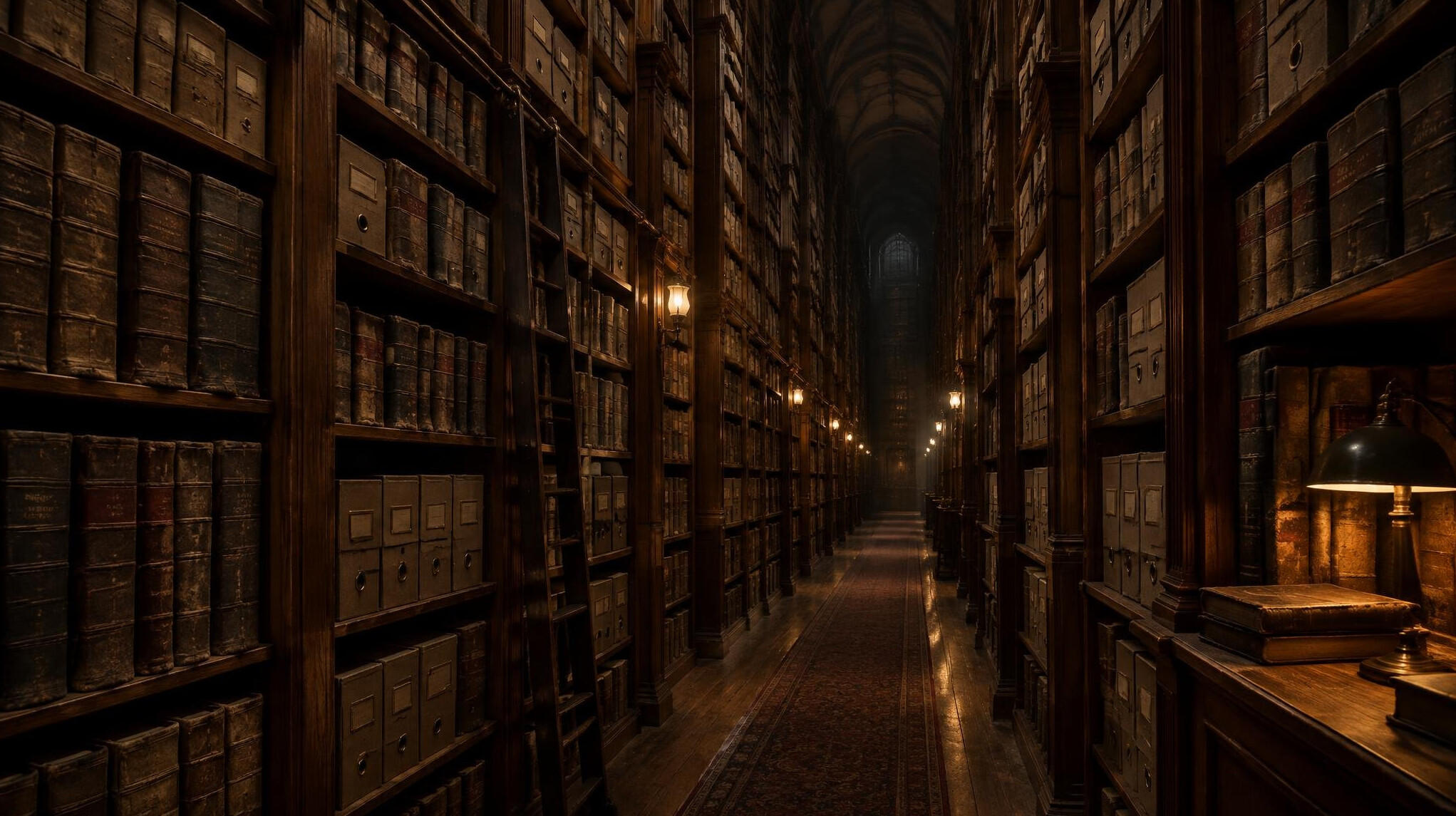 Tall archive shelves filled with old books and files