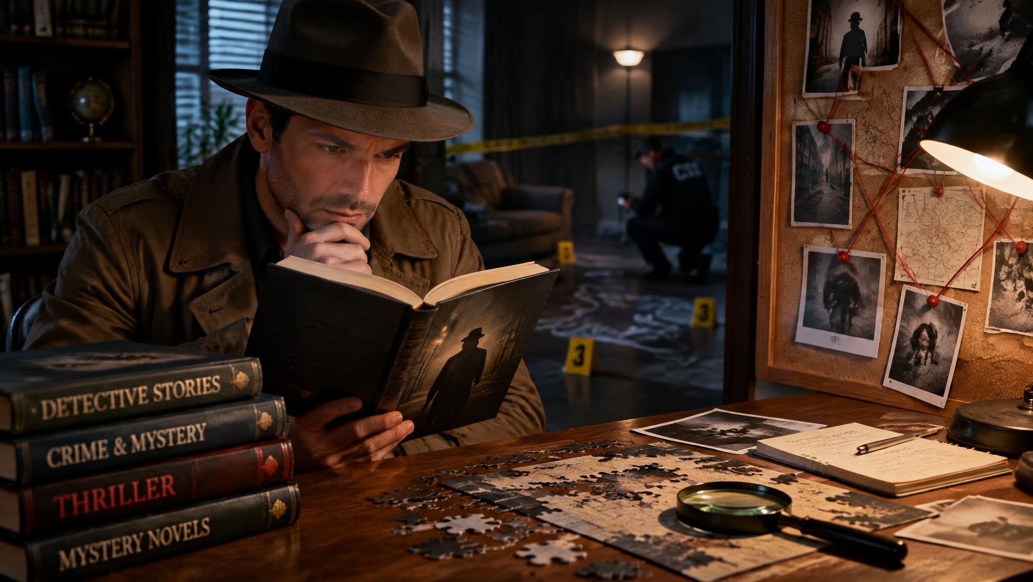 detective reading mystery novel