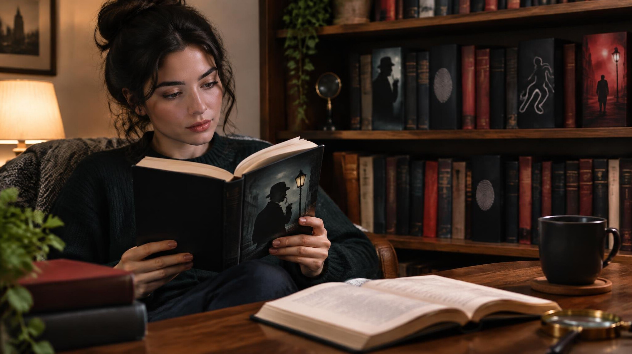 woman reading mystery book