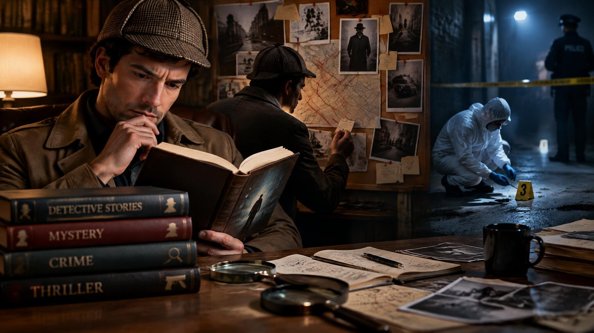 detective reading mystery novel