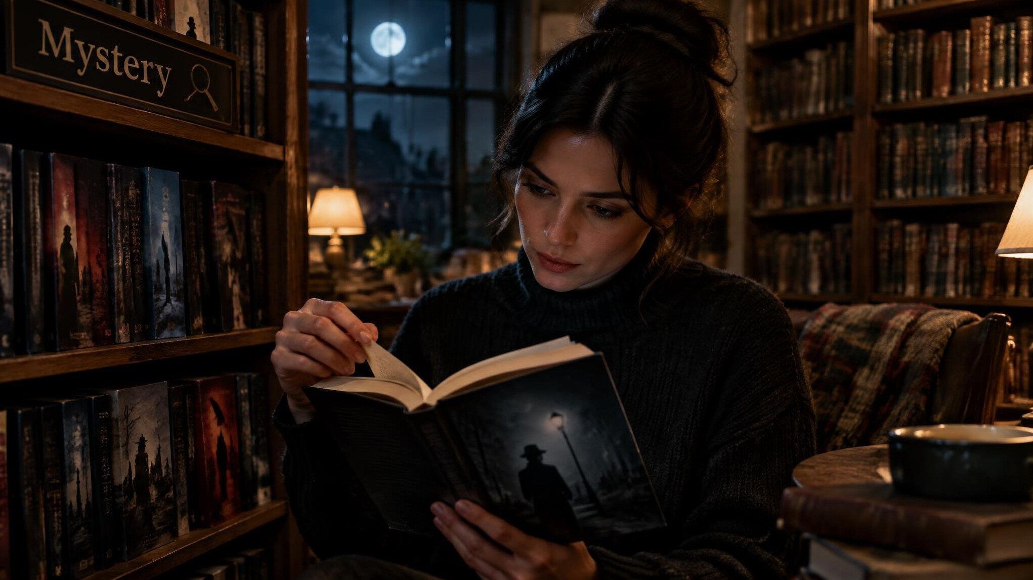 woman reading mystery book at night