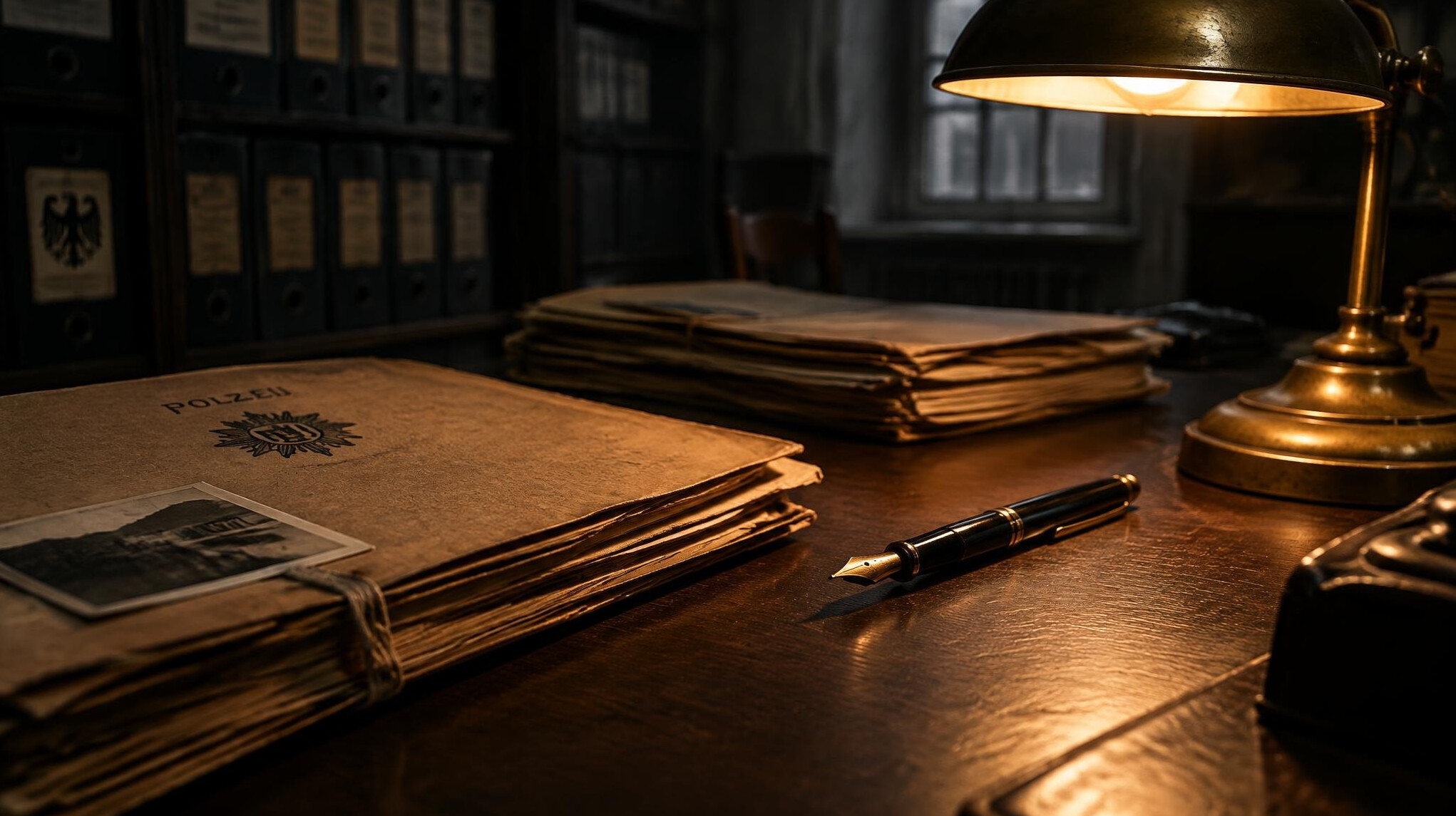 Old case files and a fountain pen on a dark wooden desk